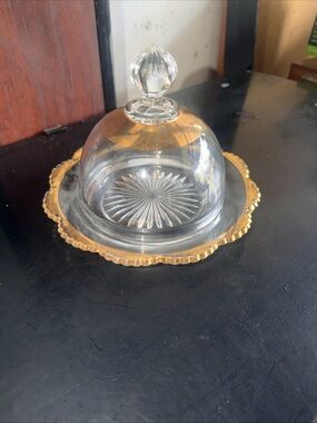 Glass Cloche Butter Dish with Gold Rim